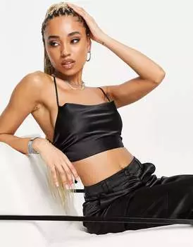 Черный атласный топ с завязками на бретелях ASOS