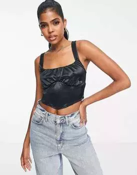 Черный атласный укороченный топ с корсетом и сборками спереди New Look