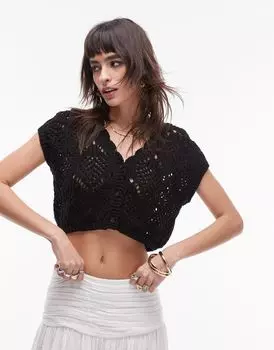 Черный ажурный вязаный топ без рукавов Topshop