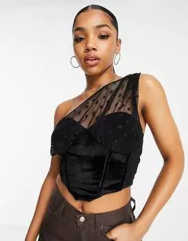 Черный бархатный корсет с сетчатой ​​деталью на одно плечо ASOS DESIGN Hourglass