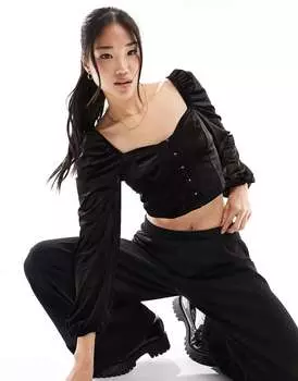 Черный бархатный корсетный топ с длинными рукавами New Look