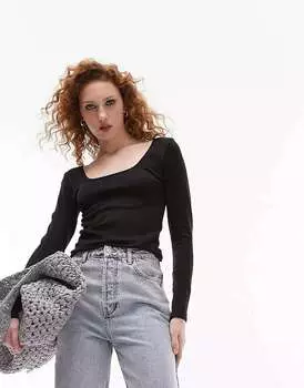 Черный бесшовный топ с квадратным вырезом и длинными рукавами Topshop