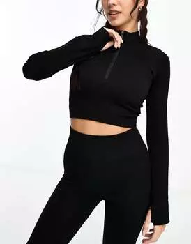 Черный бесшовный топ в рубчик с длинными рукавами и молнией 1/4 ASOS Icon