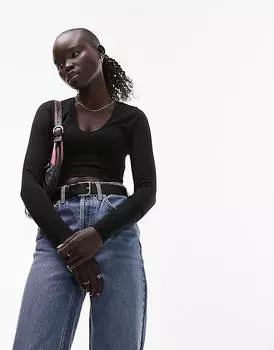 Черный бесшовный укороченный топ с длинными рукавами и v-образным вырезом Topshop Petite