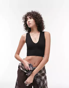 Черный бесшовный укороченный топ с v-образным вырезом Topshop Tall
