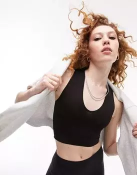 Черный бесшовный укороченный топ с V-образным вырезом Topshop