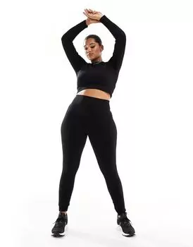 Черный бесшовный укороченный топ в рубчик с длинными рукавами ASOS 4505 Curve Icon