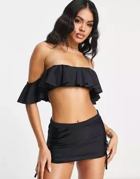 Черный бикини-топ с открытыми плечами, рюшами и съемными рукавами ASOS