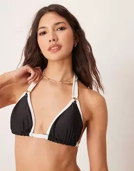 Черный бикини-топ с треугольными чашечками и контрастными бретельками New Look