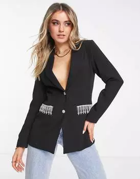 Черный блейзер с отделкой стразами Miss Selfridge
