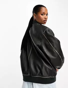 Черный бомбер из стираной искусственной кожи ASOS DESIGN Petite