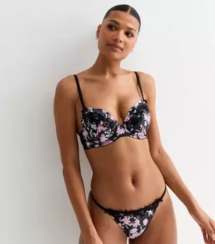 Черный бюстгальтер-футболка с кружевной вышивкой и цветочным принтом New Look, черный