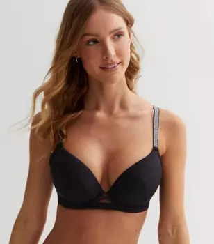 Черный бюстгальтер с глубоким вырезом на бретелях DD+ и стразами New Look, черный