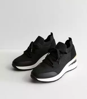 Черный - Черные вязаные кроссовки на танкетке широкого кроя New Look, черный