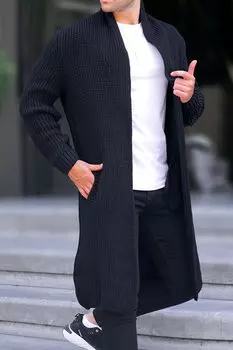 Черный длинный трикотажный кардиган с воротником-стойкой и карманами 6816 MADMEXT