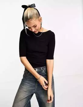 Черный двухслойный топ с воротником-лодочкой и рукавами 3/4 ASOS