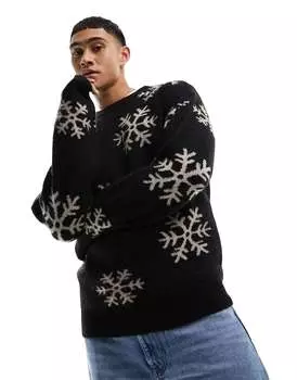 Черный джемпер с кисточкой и снежинками Jack & Jones
