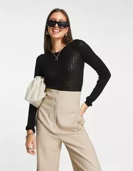 Черный джемпер с круглым вырезом из прозрачной пряжи в рубчик ASOS DESIGN