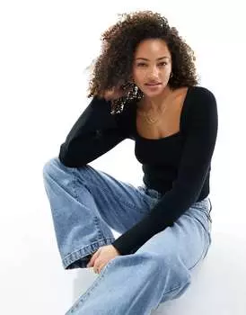 Черный джемпер узкого кроя с квадратным вырезом и гофрированными рукавами Hollister