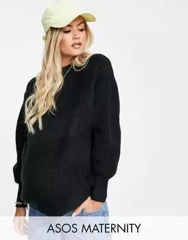 Черный джемпер в рубчик с круглым вырезом и пушистой пряжей ASOS DESIGN Maternity