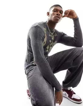 Черный джемпер в рубчик с принтом спереди Bershka