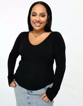 Черный джемпер в рубчик с V-образным вырезом ASOS DESIGN Curve