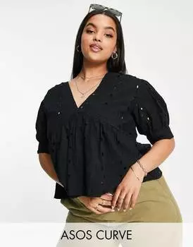 Черный халат с баской и пышными рукавами ASOS DESIGN Curve