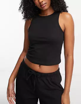 Черный хлопковый пижамный жилет-борцовка спереди ASOS DESIGN mix & match