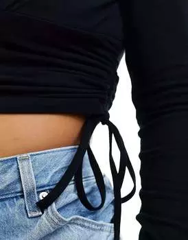 Черный хлопковый топ с длинными рукавами и сборками по бокам ASOS DESIGN Curve