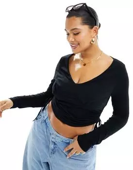 Черный хлопковый топ с длинными рукавами и сборками по бокам ASOS DESIGN Curve
