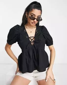 Черный хлопковый топ с короткими рукавами и вышивкой бабочкой ASOS DESIGN