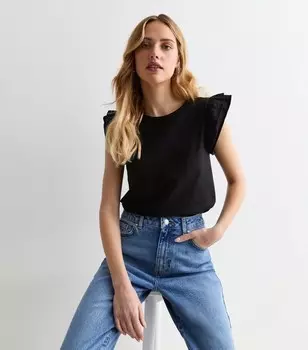 Черный хлопковый топ с оборками на рукавах New Look, черный