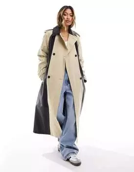 Черный и каменный тренч из искусственной кожи ASOS