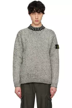 Черный и кремовый свитер из хлопковой синели с круглым вырезом Stone Island