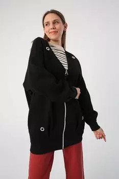 Черный кардиган на молнии в рубчик с V-образным вырезом и люверсами ALL DAY