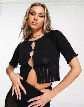 Черный кардиган с короткими рукавами и лесенкой ASOS DESIGN co-ord