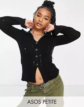 Черный кардиган с потертым воротником и лесенкой ASOS DESIGN Petite