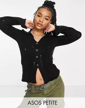 Черный кардиган с воротником и потертой лесенкой ASOS DESIGN Petite