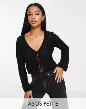 Черный кардиган с завязками спереди, ажурной строчкой ASOS DESIGN Petite