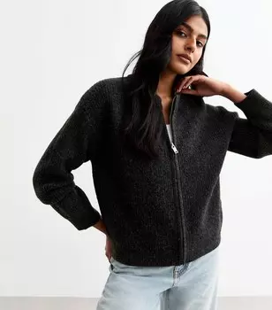 Черный кардиган в рубчик с круглым вырезом New Look, темно-серый