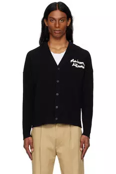 Черный кардиган в рубчик с надписью «Maison Kitsun»