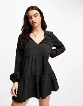 Черный комбинезон из купро со сборками и объемными рукавами ASOS