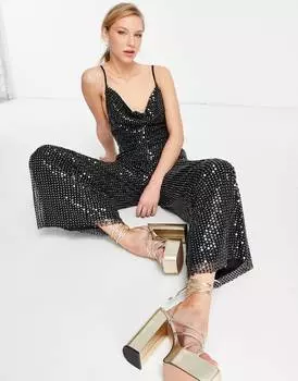 Черный комбинезон на бретелях с пайетками и воротником-хомутом ASOS DESIGN