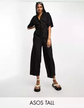 Черный комбинезон оверсайз с лифом рубашечного типа и поясом ASOS DESIGN Tall