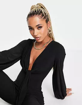 Черный комбинезон с глубоким вырезом и завязками спереди ASOS DESIGN