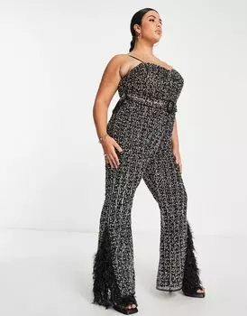 Черный комбинезон с поясом и отделкой из искусственных перьев ASOS LUXE Curve