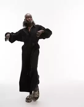 Черный комбинезон с поясом и пуговицами Topshop