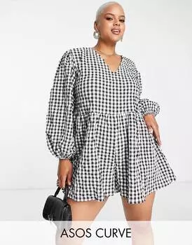 Черный комбинезон с пышными рукавами в мелкую клетку ASOS DESIGN Curve