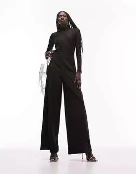 Черный комбинезон с сетчатым бралеттом и широкими штанинами Topshop