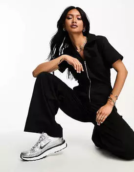 Черный комбинезон с широкими штанинами и воротником из твила ASOS DESIGN